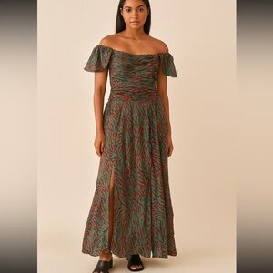 Tanya Taylor zebra print ruched flutter sleeve slit maxi dress